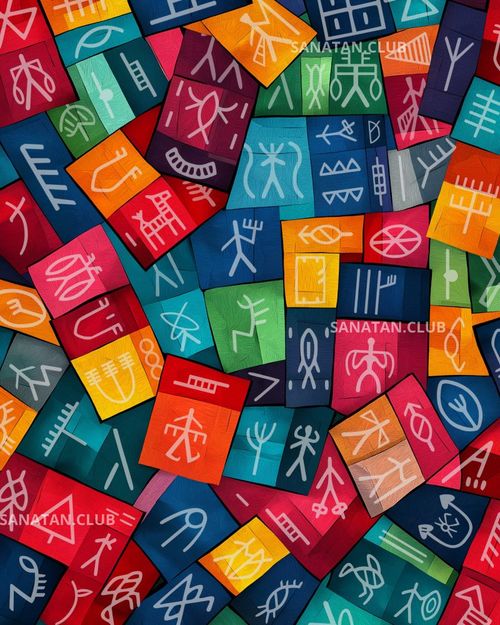 An abstract, colorful, pattern like paiting, modern art, wall poster, wall decor, of Indus Valley Cicilization Script, Harappan & Mahenjadaro Script.
