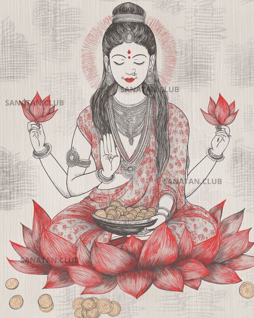 A minimal, beautiful, dual-tone, red, gray, and white colored, poster, wall decor, painting, pencil art like representation of Hindu Goddess Lakshmi suitable for wall posters