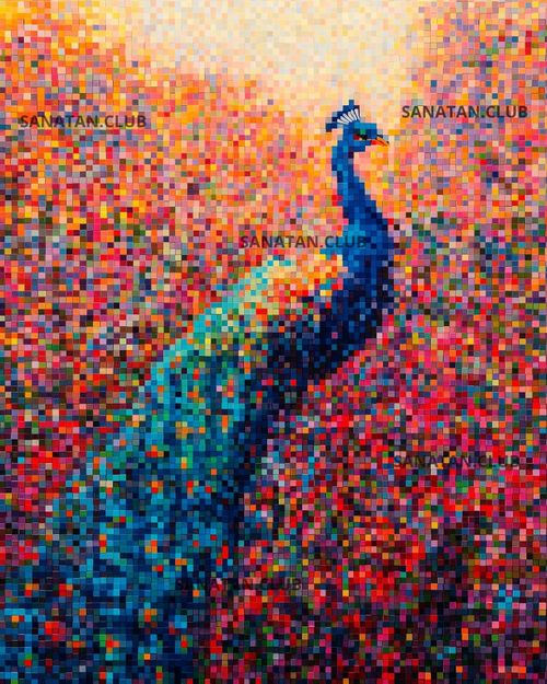 A modern, abstract, pixellated, vibrant, colorful, art of peacock suitable for framed art, wall posters, wall decor, painting frames.