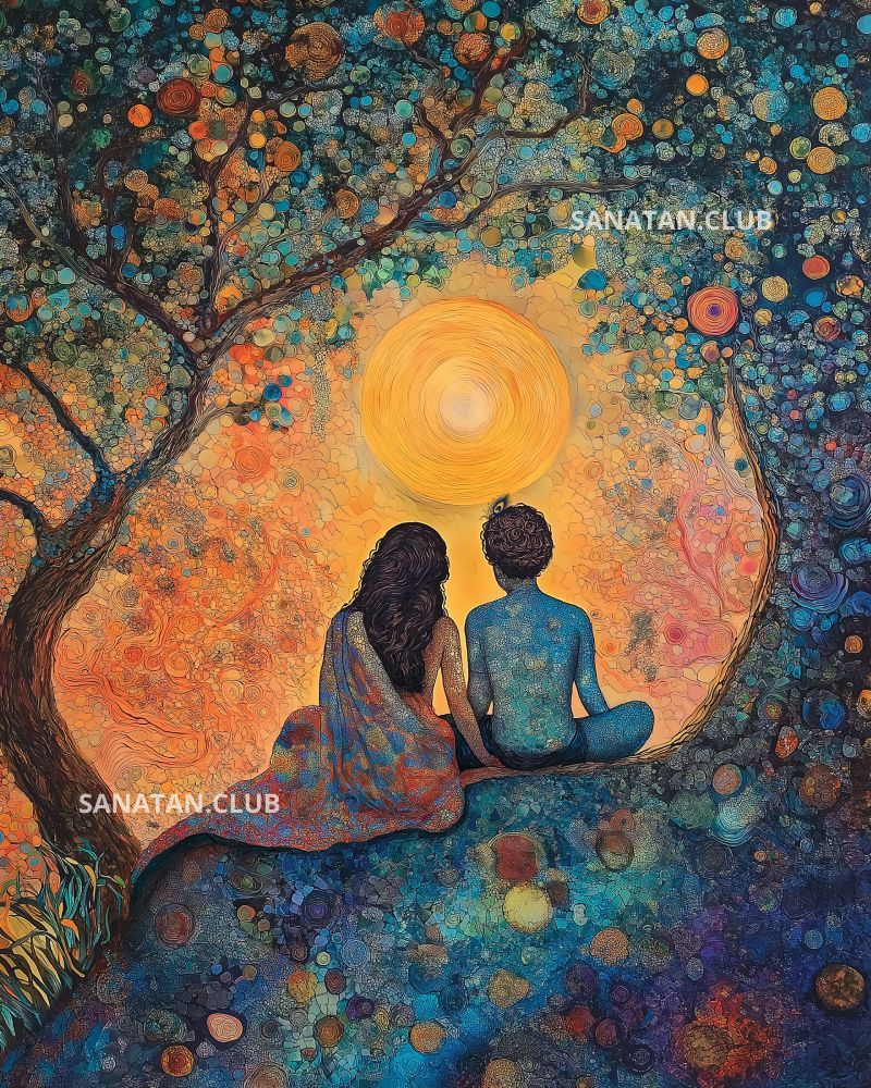 Radha and Krishna Painting in a peaceful, nature-filled setting, blending vibrant
									colors and expressive brushstrokes to evoke a sense of tranquility and devotion in
									high quality & definition.